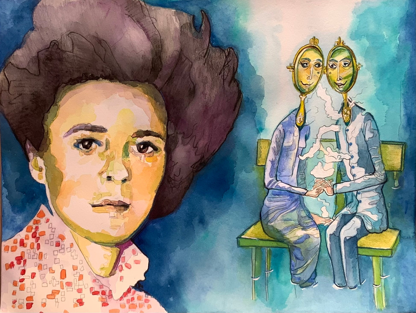 Original watercolor painting ‘Remedios Varo - mirror or crystal ball?’